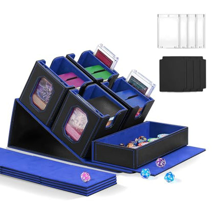 Trading Card Storage Box with Commander Display for MTG, TCG, Sports Cards, 5-in-1 Card Deck Box, Holds 450+ Double-Sleeved Cards, 4 Individual Deck Cases with Covers, Dice Tray & Magnetic Holders - color: Black & Blue