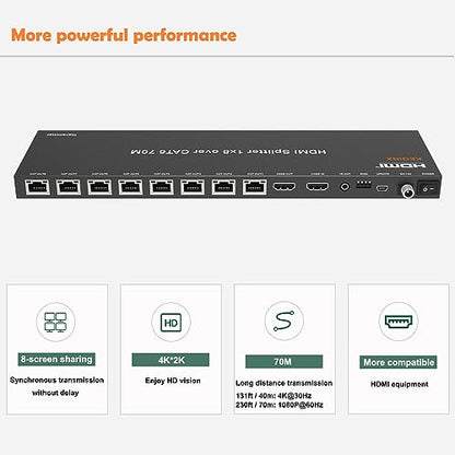 4K 1x8 HDMI Extender Splitter 70m/230ft HDMI Over Ethernet Splitter POC Satellite TV Splitters