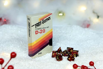 Sharp Edge DND Dice Set – Ruby Red Polyhedral Dice in Retro VHS Box – TTRPG Dice Set – Tabletop RPG Accessory (Set of 7) - style: Ruby Red