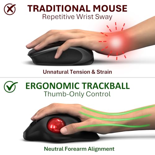 EDJO Ergonomic Wireless Trackball Mouse, 3-Device Bluetooth/2.4G, Red | 30° tilt, thumb control, 5 DPI levels 400-2400, up to 160h battery, Type-C rechargeable, stationary design, removable ball