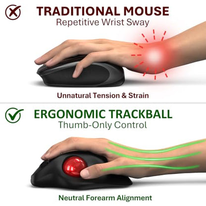 EDJO Ergonomic Wireless Trackball Mouse, 3-Device Bluetooth/2.4G, Red | 30° tilt, thumb control, 5 DPI levels 400-2400, up to 160h battery, Type-C rechargeable, stationary design, removable ball