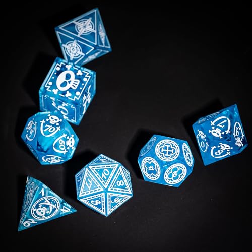 Cusdie 7-Piece Sharp Edges DND Dice Set with Pirate Design - Perfect for Tabletop RPGs Board Games Gifting and Collecting(Blue w/White Pirate Pattern) - color: Blue W/White Pirate Pattern