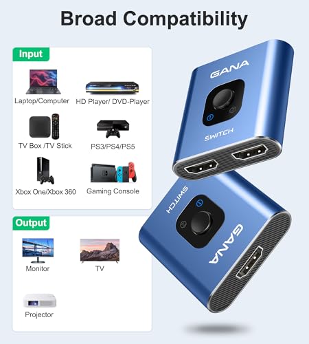 HDMI Switch 4k@60hz Splitter, GANA Aluminum Bidirectional HDMI Switcher 2 in 1 Out, Manual HDMI Hub Supports HD Compatible with Xbox PS5/4/3 Blu-Ray Player Fire Stick Roku - color: Midnight Blue (No Cable)