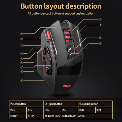Wireless Gaming Mouse, RGB Dual Mode Bluetooth Mouse Up 24,000 DPI, 13 Macro Programmable Buttons, Optical Computer Mouse 50Hrs for PC Laptop MOBA FPS, PMW-3311, Comfort Grip (Black)