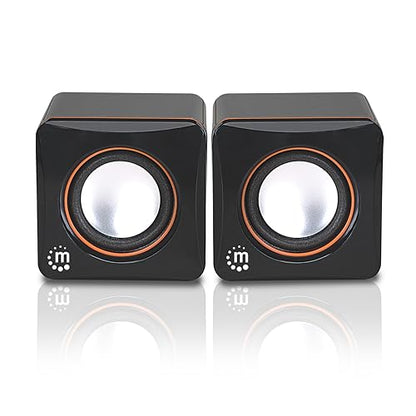 Manhattan USB Powered Stereo Speaker System - Small Size - with Volume Control & 3.5 mm Aux Audio Plug to Connect to Laptop, Notebook, Desktop, Computer - 3 Yr Mfg Warranty - Black Orange, 161435 | Powered desktop sound pair with analog input, 90 Hz-20 kH