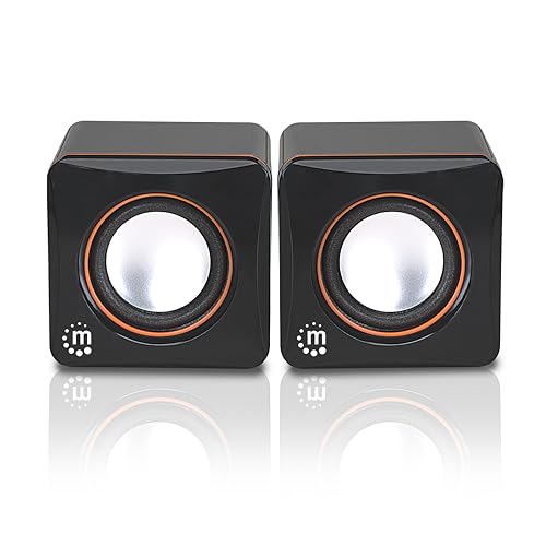 Manhattan USB Powered Stereo Speaker System - Small Size - with Volume Control & 3.5 mm Aux Audio Plug to Connect to Laptop, Notebook, Desktop, Computer - 3 Yr Mfg Warranty - Black Orange, 161435 | Powered desktop sound pair with analog input, 90 Hz-20 kH