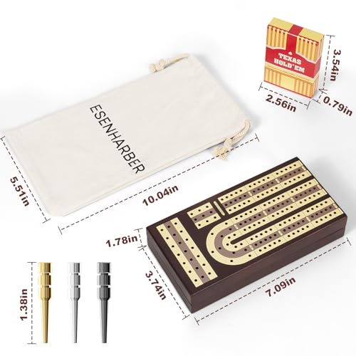 ESENHARBER Foldable Wooden Cribbage Board Set - Elegant 3-Track Design with Magnetic Closure, 9 Metal Pegs, Full Deck of Cards, Perfect for Family Game Nights and Travel - style: Foldable