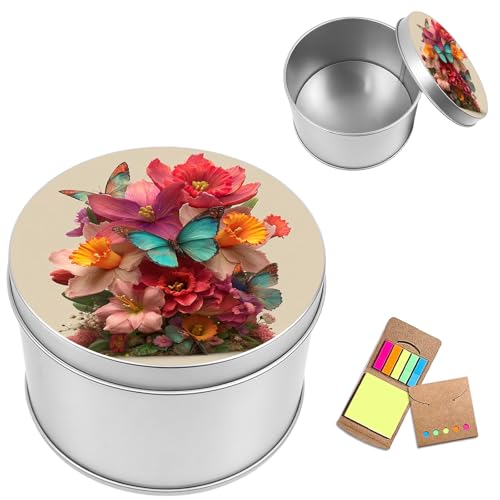 Metal Round Storage Containers Box with Lid, Metal Tins Organizer Box for Earring Jewelry Craft Trinket Keys Watch, Butterfly Bouquet Design Decorative Storage Case with Notepad - color: Butterfly Bouquet