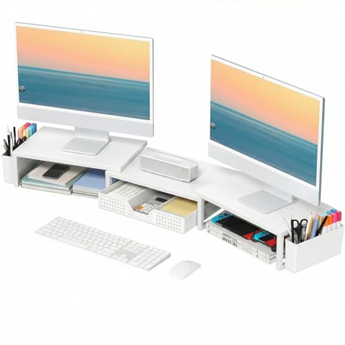 OPNICE Desk Organizers and Accessories, Dual Monitor Stand Riser with Drawer and 2 Pen Holders, Desk Shelf Computer Racks for Office Workspace Organizers, Desktop Organization (White) - color: White