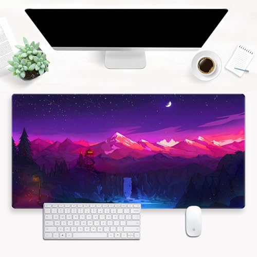 Purple Mountain Desk Mat, Night Sky Large Gaming Mouse Pad 31.5x15.7 in | Aesthetic purple starry night desk pad with comfortable 3mm cushion, smooth fabric top, and non-slip rubber base. - color: Anime Art Scenery1