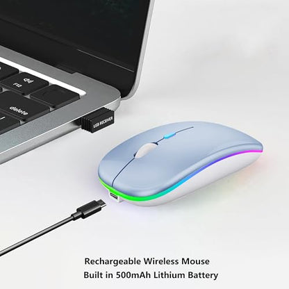 WREANU Wireless Bluetooth Mouse Rechargeable Laptop Mice with LED Lights Silent Slim Use(BT5.2 and 2.4G Portable USB) Dual Mode Computer Mouse for Laptop/iPad/Tablet/Apple/Computer/Mac (Blue) - color: Blue