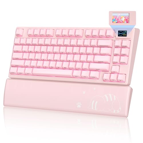 Womier 75% Pink Keyboard Wireless with Color Multimedia Screen | Creamy Mechanical Gaming Keyboard, 3-Modes Hot Swap Cute Key Board w/Wrist Rest, Gasket RGB Custom for Mac/Win (SK80 PRO) - color: Pink