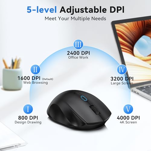 TECKNET Wireless Mouse for Laptop, (BT5.2/3.0 & 2.4G) Bluetooth Wireless Mouse, Silent Click, 5-Level Adjustable DPI, Ergonomic Portable Computer Mice for Laptop, PC, MacBook, Chromebook - color: Black
