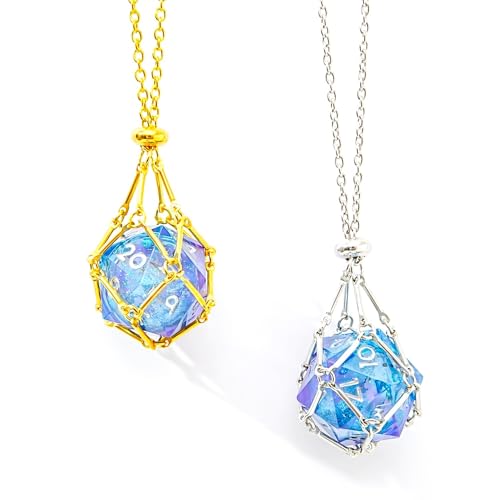 2 PCS Liquid Core D20 Gold+Sliver Necklace Pendant – Sharp Edge Resin 20-Sided Dice Necklace for Dungeons & Dragons, Tabletop RPG Gift for (blue d20) - color: A-Blue-2PCS