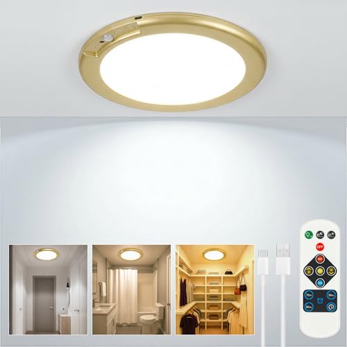 Gold Wireless Closet Lights Motion Sensor Rechargeable Ceiling Light Indoor | Battery Operated Led Night Lights for Bedroom with Remote, Living Room Bathroom Home & Kitchen Decor Lighting - color: Gold, size: 1 Pack