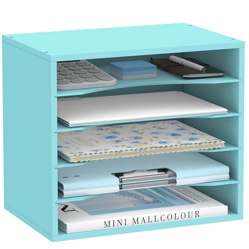 5 Tier Wood Desk Organizer, Mail Sorter and Paper Organizer for Desk, Blue | Wooden Desktop Organizer for Sorting Papers, Letters and Mails, Literature Organizer for Home Office, Classroom Organization - color: Blue, size: 13.4" x 9.1" x 12", style: 5 Com