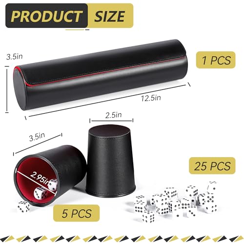 Leather Dice Cup Set, 5 Dice Cups, 25 Dice, Folding Tray and Storage Case | PU leather set with 5 Quiet Felt-Lined dice cups, 25 dice, folding tray and storage case for Liar’s Dice and party games - color: 5xred Black+folding Tray