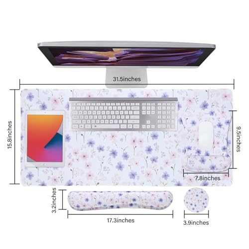 MEGREZ 4-in-1 Mouse Pad with Wrist Rest Ergonomic Memory Foam Desk Mat Set | ergonomic, anti-slip base, 4pcs set, desk pad, mouse wrist rest, keyboard rest, coaster, ideal for office & gaming - color: White Flower