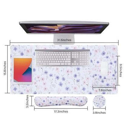 MEGREZ 4-in-1 Mouse Pad with Wrist Rest Ergonomic Memory Foam Desk Mat Set | ergonomic, anti-slip base, 4pcs set, desk pad, mouse wrist rest, keyboard rest, coaster, ideal for office & gaming - color: White Flower