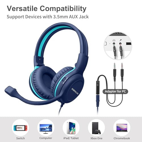 SIMOLIO Wired Headphones for School with Microphone, Stereo Kids Headphone with Flexible Swivel Boom Mic for Student K12 & Teacher & E-Learning, 3 Levels Volume Limiter Gaming Headsets for Boys, Girls