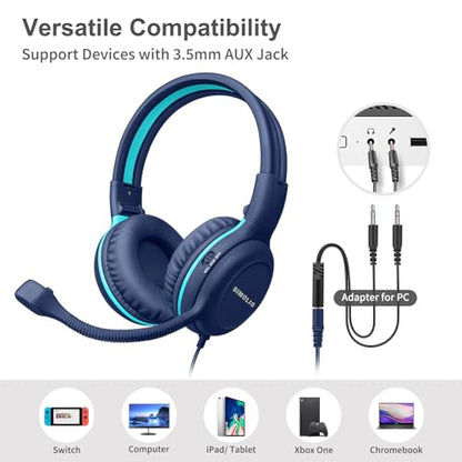 SIMOLIO Wired Headphones for School with Microphone, Stereo Kids Headphone with Flexible Swivel Boom Mic for Student K12 & Teacher & E-Learning, 3 Levels Volume Limiter Gaming Headsets for Boys, Girls
