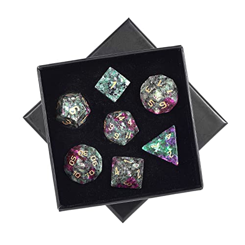 mookaitedecor 7 PCS Ruby in Fuchsite DND Dice Set for RPG MTG Table Games | Crystal DND Dice, Role Playing Dice, Dungeons and Dragons, Polished Tumbled Stones, Home Decoration - color: Green & Pink