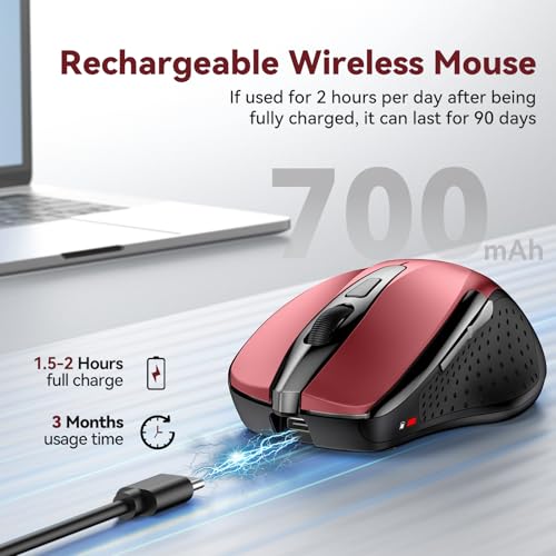 TechRise Bluetooth Mouse (BT5.0/3.0 & 2.4G) Rechargeable Wireless Mouse, 4800 DPI Optical Tracking, 6 Adjustable DPI, 2.4GHz with USB A Receiver, Quiet Clicks, Ergonomic Grips, 6 Buttons - Red - color: Red