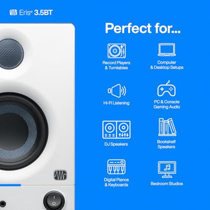 PreSonus Eris 3.5BT Studio Monitors, Pair — 3.5" Inch Powered Speakers, Bookshelf Speakers, Stereo, Desktop Computer, Near Field Music Production, Audio Mixing Recording | 3.5 Drivers, 25W per Side, Trs and Rca Rear Inputs, Front 1/8 Aux and Headphone Jac