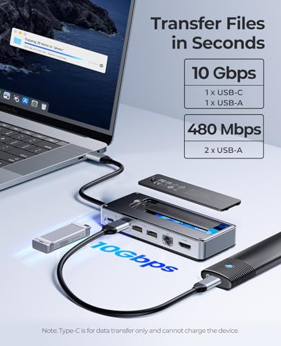 ORICO USB-C Hub with M.2 SSD Enclosure, 8-in-1 USB C Docking Station Fits M.2 NVMe/SATA SSD, 10Gbps, 4K@60Hz HDMI, 100W PD, Ethernet - OM28PR - style: with RJ45