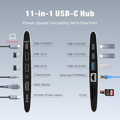 Adjustable Laptop Stand for Desk with Docking Station 11-in-1, Aluminum Laptop Riser with USB Hub 360°Swivel Dual Display 4K60Hz HDMI Gigabit Ethernet USB3.0 PD100W for MacBook Pro Air/Dell/HP 7-15.6" - size: 11-in-1 Hub Laptop Stand