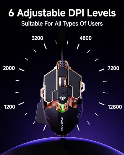 EWEADN G5 Wired Gaming Mouse with Adjustable Tail, 12800 DPI Programmable Computer Mouse with RGB Backlit, 9 Macro Buttons, Rapid Fire Key & Aluminum Base Ergonomic PC Mice for Laptop, PC-Black&Gold - color: Black&Gold