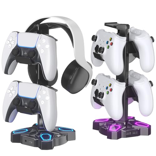 KDD Gaming Headphones Stand, Rotatable Headset Stand with Light Modes - Controller Holder with 2 USB Charging Ports and 3.5mm - Earphone Hanger Accessories for Desktop Gamer(Black) - color: Black