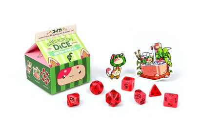 1985 Games Watermelon Cat Milk Carton Dice Set – Milk Carton-Inspired Dice for DND | TTRPGs & Tabletop Roleplaying - color: Watermelon
