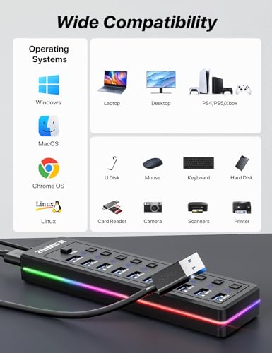 Powered USB Hub, 10-Port USB Splitter with RGB LED Strip | 5Gbps Data Transfer,Individual LED On/Off Switches and 12V/2A Power Adapter for Laptop, PC, Mouse, Keyboard, Hard Drive - style: 10 PORT