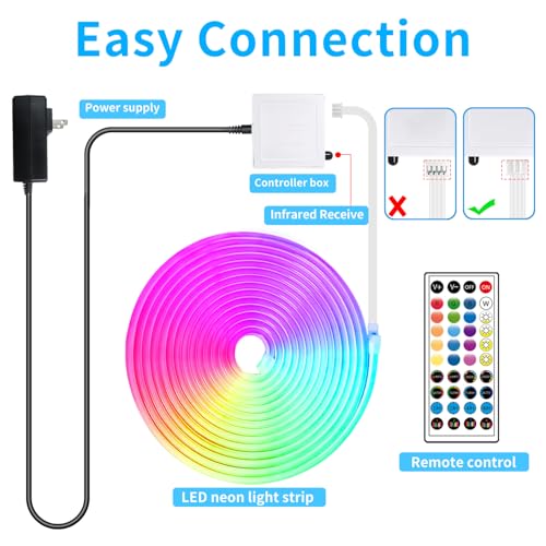 65.6FT LED Neon Rope Lights,24V RGB LED Neon Lights with Remote/APP Control,IP65 Waterproof Flexible Neon LED Strip Lights for Bedroom Room DIY Decoration（with Snap &Screws） | IP65 Waterproof Flexible RGB LED Neon Rope Lights for Bedroom Room DIY Decorati