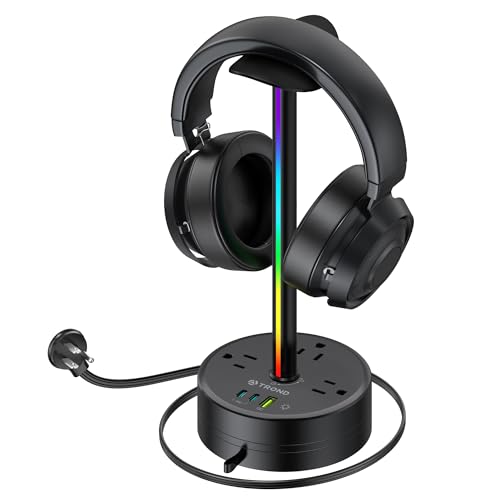 TROND Headphone Stand with PD 20W USB C Charger, RGB Gaming Headset Holder with 3 AC Outlets Extension, 5ft Retractable Power Strip Suitable for Gamer Desktop Table Game Earphone Accessories Gift