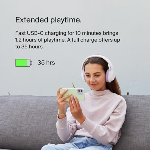 Belkin SoundForm Inspire Bluetooth Kids Headphones, 35H Battery Life | Over-ear wireless headset, built-in mic, 85dB safe volume limit, online learning, travel, iPad, iPhone, Galaxy - color: Lavender, style: Wireless