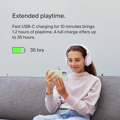 Belkin SoundForm Inspire Bluetooth Kids Headphones, 35H Battery Life | Over-ear wireless headset, built-in mic, 85dB safe volume limit, online learning, travel, iPad, iPhone, Galaxy - color: Lavender, style: Wireless