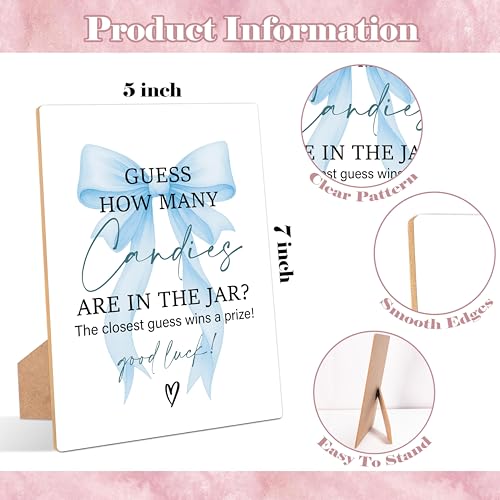 Blue Bow Guess How Many Candies Are In The Jar Game, Pack of 1 Wooden Tabletop Sign with Stand and 50 Guessing Cards, Blue Coquette Bow Baby Shower Game, Gender Reveal Party Decorations - KA02 - color: Guess How Many Candies Are in the Jar