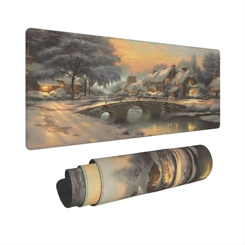 XXL Gaming Mouse Pad 35.4x15.7 inch, Christmas Art Rustic Landscape Theme Desk Mat, River Village Oil Painting Scene Large Mousepad，Fantasy Artistic Keyboard Mouse Mat (Northern Snowscape) - color: Northern Snowscape