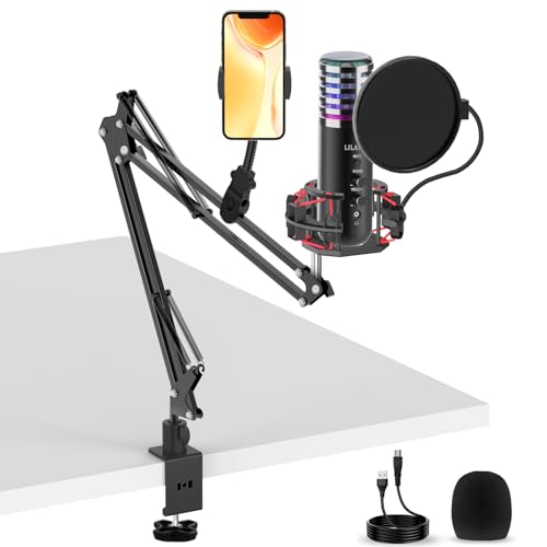 USB Condenser Microphone for PC PS4, PS5 Streaming Singing Podcast Studio, Computer Cardioid Gaming Mic Kit for Recording YouTube with Boom Arm Stand Pop Filter, Mute Button, Volume, Echo