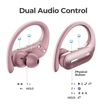 Active Noise Cancelling Ear Buds Wireless Earbuds 90Hrs Playtime Bluetooth Headphones with Hi-Res Stereo Deep Bass Power Display Earphones with Earhooks Waterproof Transparency Headset for Sports/Gym - color: Rose Pink