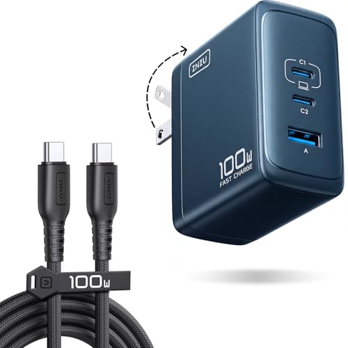 INIU USB C Charger Block, 100W GaN Fast Charging, 3-Port Compact Foldable Travel Charger with Type C Cable, Power Adapter for Mac Book Air Pro 15 14, iPhone 17 16 Pro Max Samsung S26 S24, Switch 2 - color: Blue