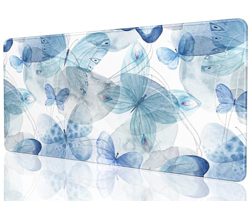Desk Mat, 32" x 16" XXL Extended Large Gaming Mouse Pad, Desktop Decor Desk Pad, Cute Men Women Office Supplies and Accessories, XL Mouse Mat for Laptop & Keyboard, Blue Butterfly - color: Blue Butterfly, size: 32L x 16W inches