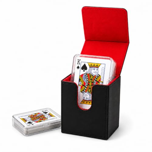 Playing Card Storage Box with 2 Small Plastic Card Cases, PU Leather Deck Box with Magnetic Closure, Portable Poker Card Holder for Standard Playing Cards, Game Cards, Tabletop Games