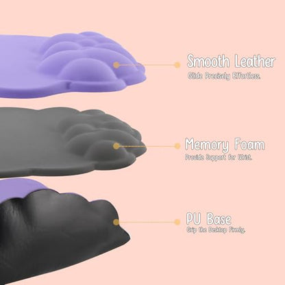 Mouse Pad Wrist Support, Cloud Mousepad with Memory Foam Wrist Rest, Non-Slip PU Base Gaming Leather Surface Mouse Pad for Home Office Laptop, Purple - color: Purple