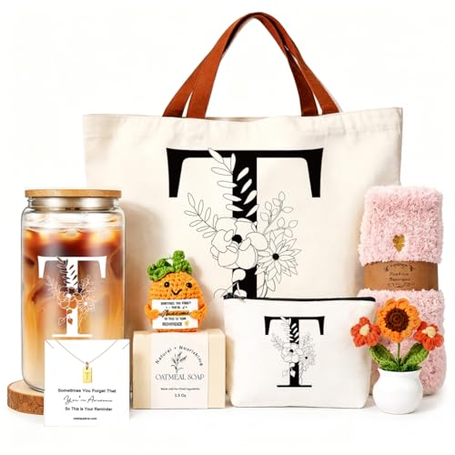 DHQH Birthday Gifts for Women, Monogrammed Gifts Box Included 16 oz Initial Glass Drinking Cup,Canvas Tote Bag, Personalized Iced Coffee Tumbler Gift for Women Her Mom Teacher Friends Sister, T - color: letter-cup-t