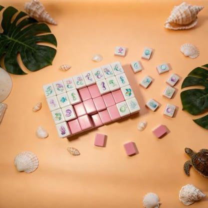 G.R.I Mermaid Themed Mahjong Block Set, 128 Pieces Seaside Escape Tile Game for 4 Players with Storage Bag and Crystal Dice, Portable Birthday Party Game
