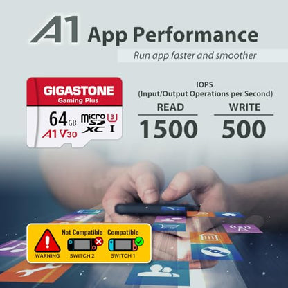 【For Switch 1 Only】 GIGASTONE 64GB Micro SD Card, Gaming Plus, Nintendo-Switch Compatible, High Speed 90MB/s, 4K UHD Video Recording, Micro SDXC UHS-I A1 V30 U1 Class 10 - size: 64GB 1-Pack, style: Gaming Plus