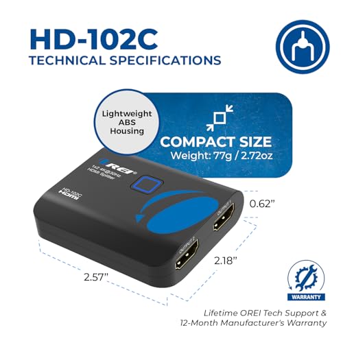 OREI 4K HDMI Splitter 1 in 2 Out - 1X2 HDMI Splitter for Dual Monitors Ultra HD 4K@30Hz with [ 2ft HDMI Cable ], 3D & 1080P Support for Xbox, PS4, Blu-ray, HDT, Will not Extend Display Screen | OREI 4K HDMI Splitter 1 in 2 Out - 1x2 HDMI Splitter for Dual